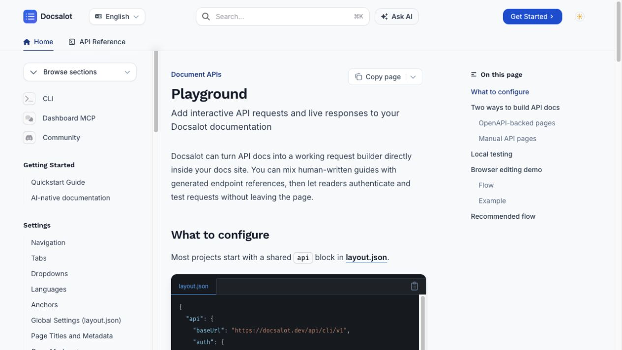 DocsAlot API playground documentation showing OpenAPI-backed interactive requests