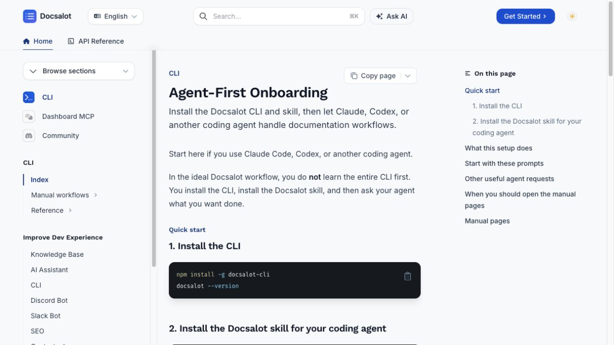 DocsAlot CLI documentation showing an agent-first documentation workflow
