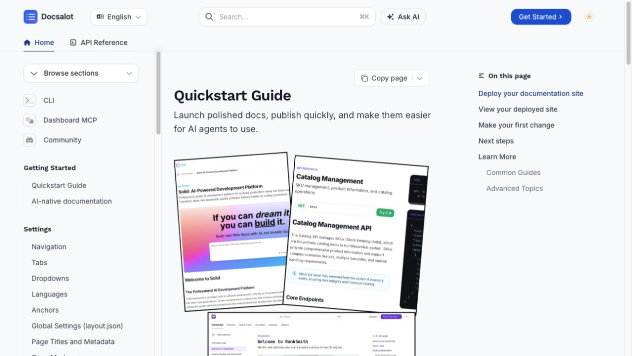 DocsAlot public documentation with navigation, search, Ask AI, and API reference access