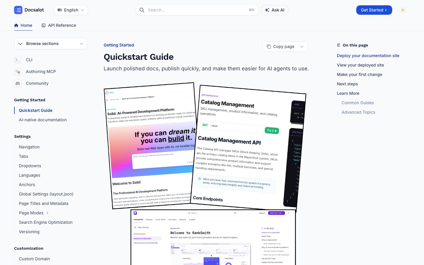 DocsAlot documentation quickstart page with navigation, guide content, and page outline