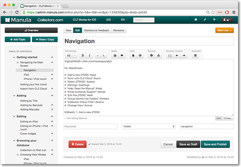 Manula browser editor for organizing and publishing online manual topics