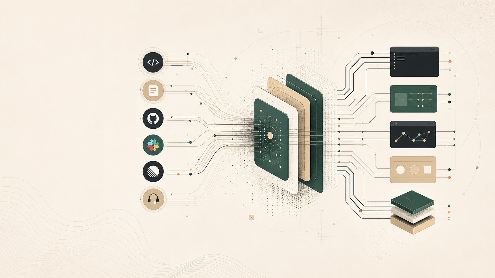 Illustration showing DocsAlot turning source systems into layered documentation surfaces and agent-ready outputs.